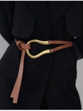 Brown & BLK  Waist Belt with Gold Sculptural Buckle